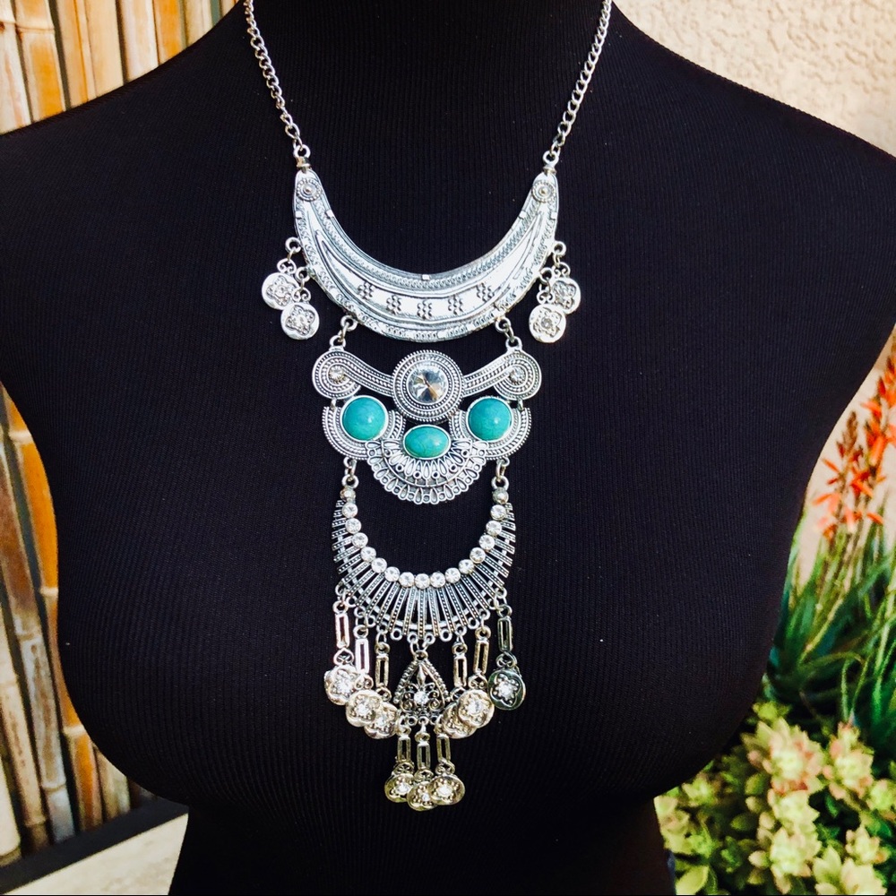 Boho Silver & Turquoise Tassel Choker Necklace - Picture 1 of 7